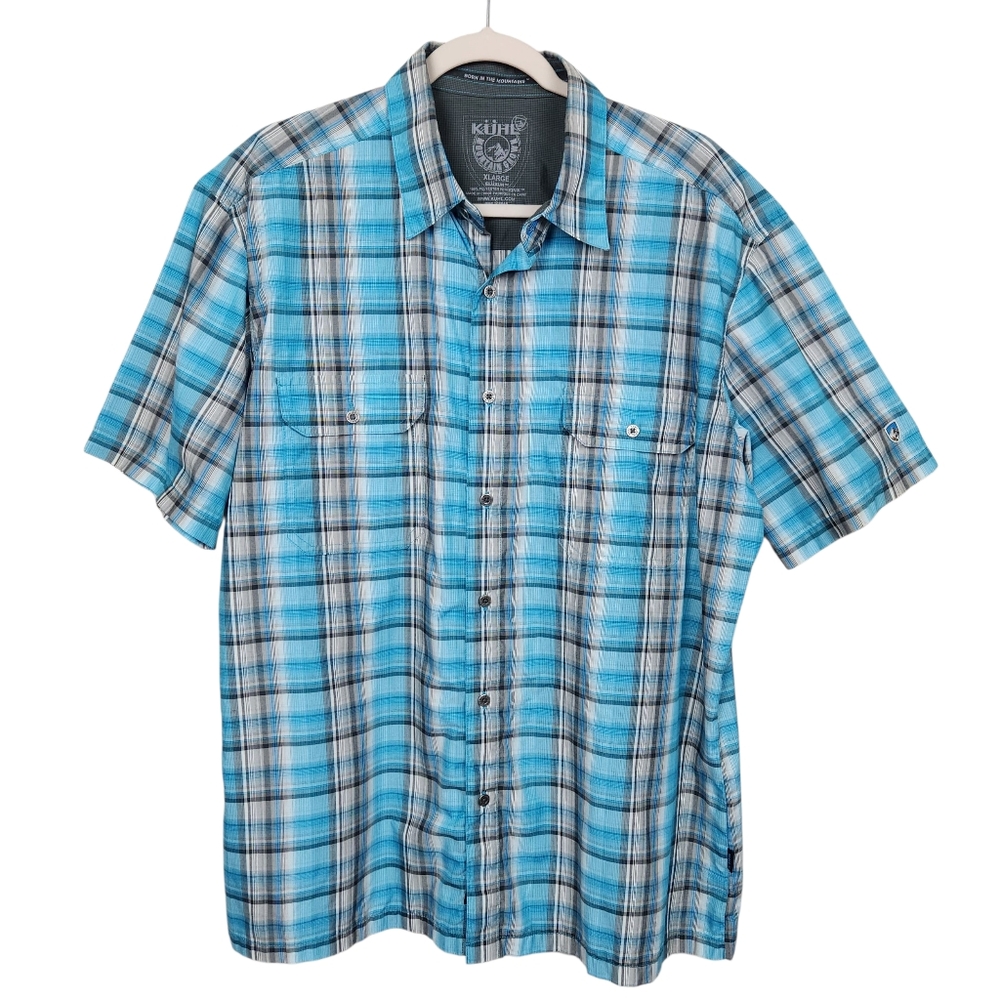 Kuhl Eluxur Blue Plaid Metal Button Up Short Sleeve Shirt Outdoor Mens Size XL